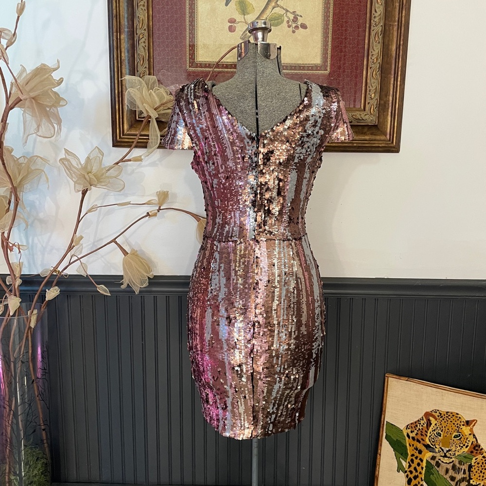 Dress the Population Zoe Dimensional Sequin Plunge Mini Dress Sz S 🧡🎀 - Picture 6 of 13